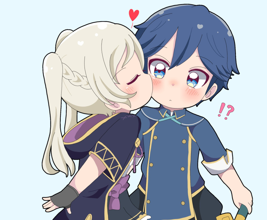 !?, 1boy, 1girl, aged_down, blue_eyes, blue_hair, blush, braid