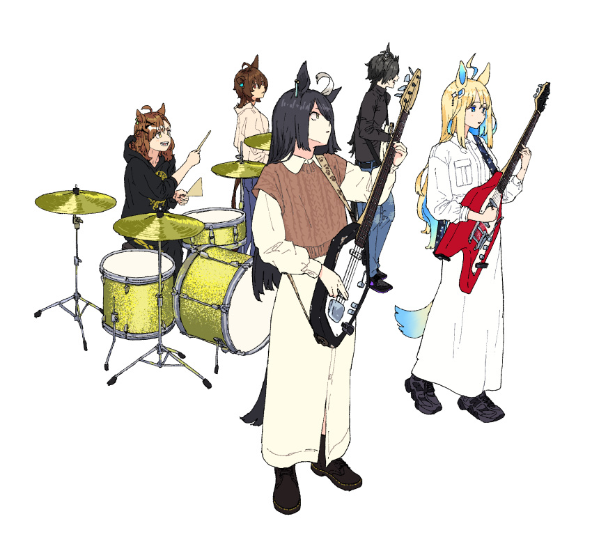5girls, agnes_tachyon_(umamusume), ahoge, air_shakur_(umamusume), alternate_costume, animal_ears, belt, black_footwear