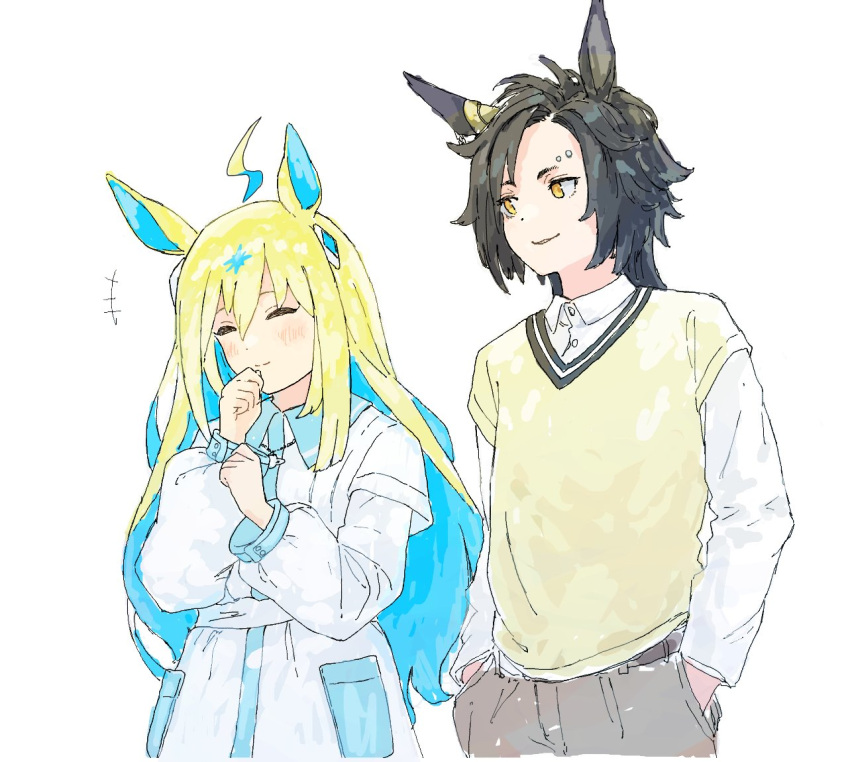 +++, 2girls, ahoge, air_shakur_(umamusume), alternate_costume, animal_ears, belt, black_hair