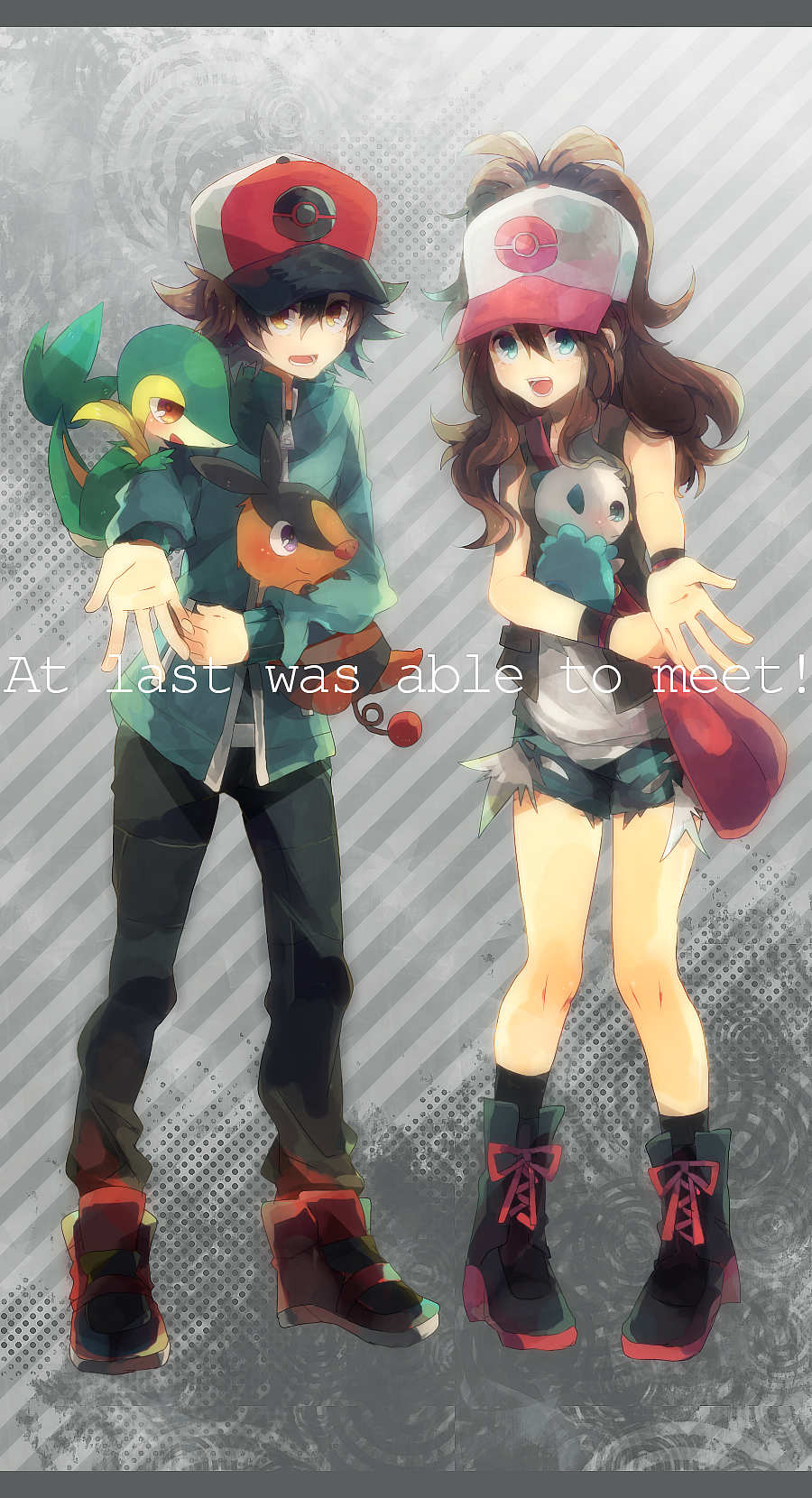 1boy, 1girl, baseball_cap, blue_eyes, boots, brown_eyes, brown_hair, denim