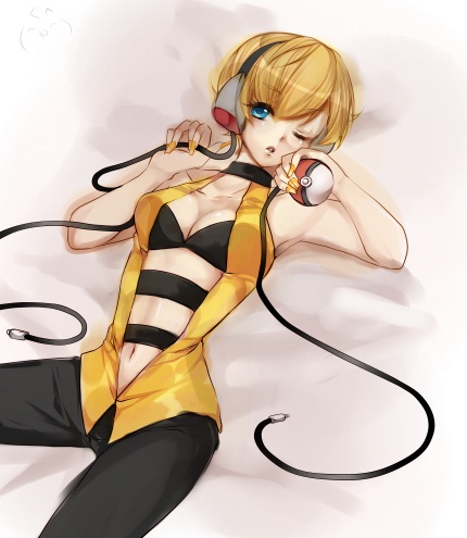 bad_id, blonde_hair, blue_eyes, bob_cut, breasts, cable, choker, cleavage, face, gym_leader, halterneck, headphones, holding, holding_poke_ball, kamitsure_(pokemon), leggings, lowres, lying, midriff, nail_polish, navel, on_back, pantyhose, poke_ball, pokemon, pokemon_(game), pokemon_black_and_white, pokemon_bw, short_hair, solo, tomoe_(itigo), vest, wink