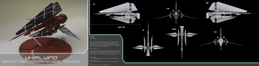 3d, absurdres, advanced_ship_(eve_online), commentary, concept_art, destroyer_(eve_online), emblem, english_text, eve_online, from_side, highres, lperegrine, military_vehicle, minmatar_republic_(eve_online), multiple_views, no_humans, original, reference_sheet, science_fiction, solar_panel, spacecraft, tech_2_ship_(eve_online), vehicle_focus
