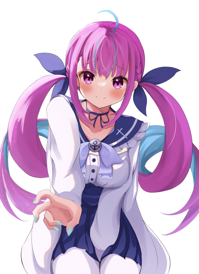 1girl, absurdres, blue_nails, bow, chino0803, choker, hair_ribbon, highres, hololive, jacket, looking_at_viewer, minato_aqua, minato_aqua_(sailor), multicolored_hair, official_alternate_costume, official_alternate_hairstyle, pantyhose, pink_eyes, ribbon, sailor_collar, skirt, smile, solo, twintails, two-tone_hair, virtual_youtuber, white_background, white_jacket, white_pantyhose