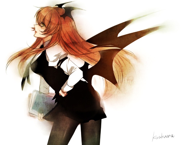 bat_wings, black_legwear, black_pantyhose, book, demon_wings, face, head_wings, koakuma