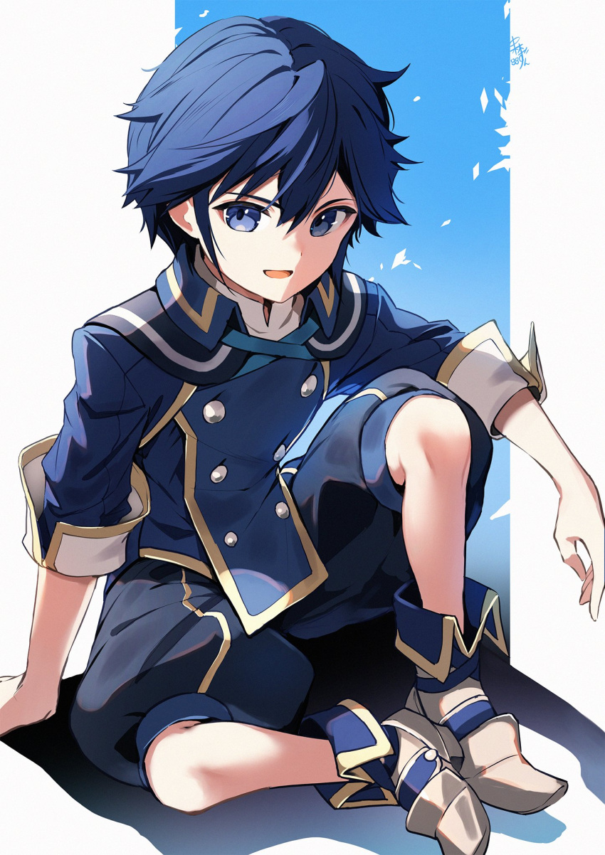 1boy, aged_down, blue_eyes, blue_shirt, blue_shorts, buttons, child, chrom_(child)_(fire_emblem)