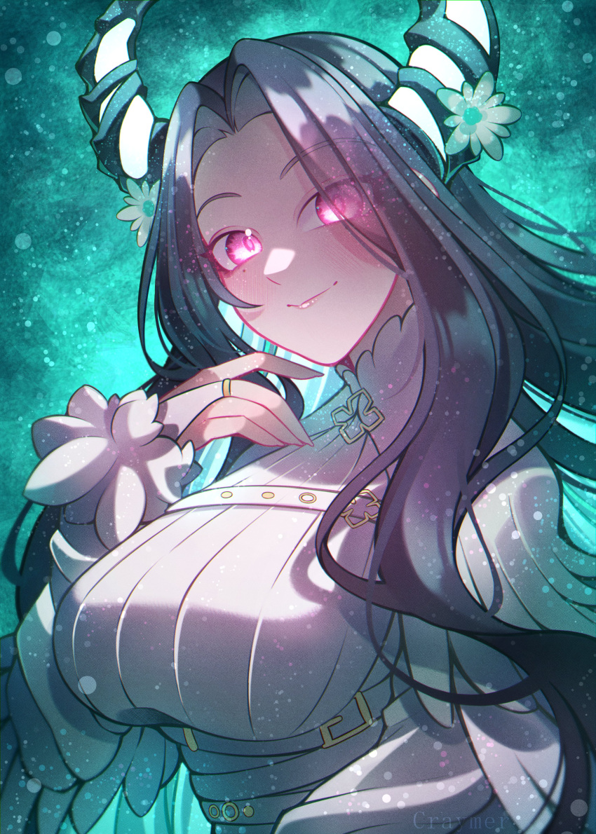 absurdres, aqua_hair, black_hair, breasts, capelet, colored_inner_hair, craymer, demon_horns, highres, hololive, hololive_english, horns, large_breasts, long_hair, long_sleeves, looking_at_viewer, malpha_ravencroft, mole, mole_under_eye, multicolored_hair, pink_eyes, smile, two-tone_hair, very_long_hair, virtual_youtuber, wavy_hair, white_capelet