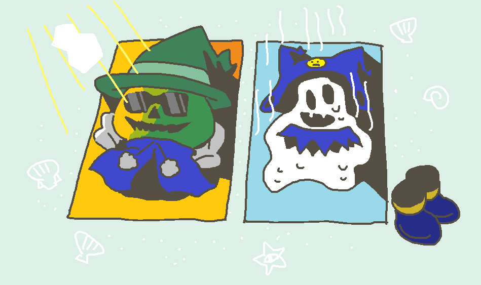 2others, blue_footwear, blue_robe, covered_eyes, duckpasta_flo, fangs, green_background, green_hat