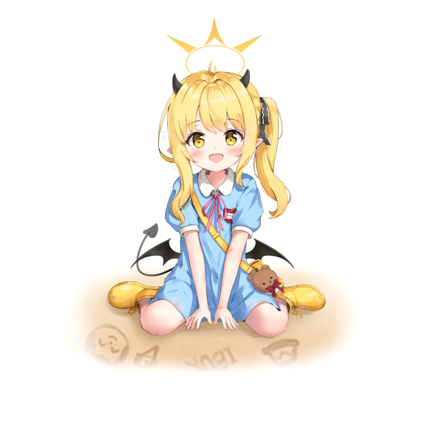 absurdres, black_horns, black_tail, black_wings, blonde_hair, blue_archive, blush, demon_horns