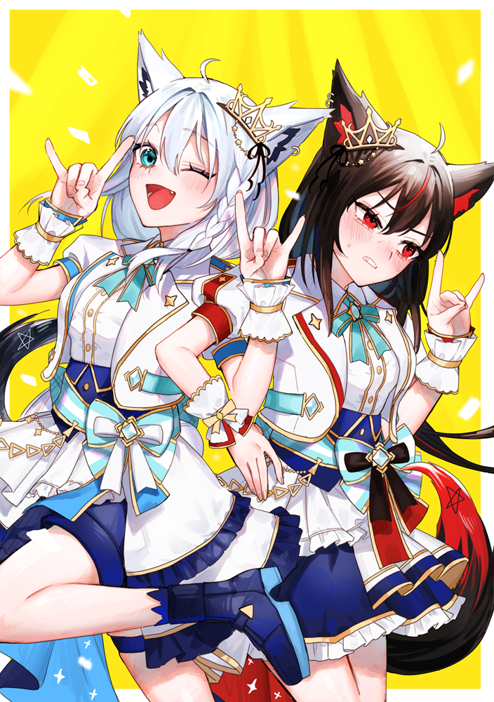 2girls, ;d, akari0120_s, animal_ear_piercing, animal_ears, ankle_boots, aqua_bow, aqua_bowtie