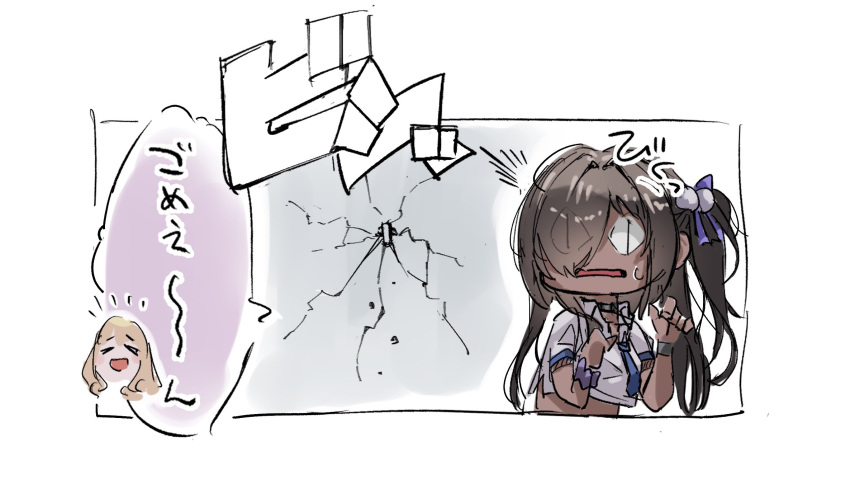 blue_necktie, brown_hair, closed_eyes, commentary_request, crack, cracked_wall, dark-skinned_female, dark_skin