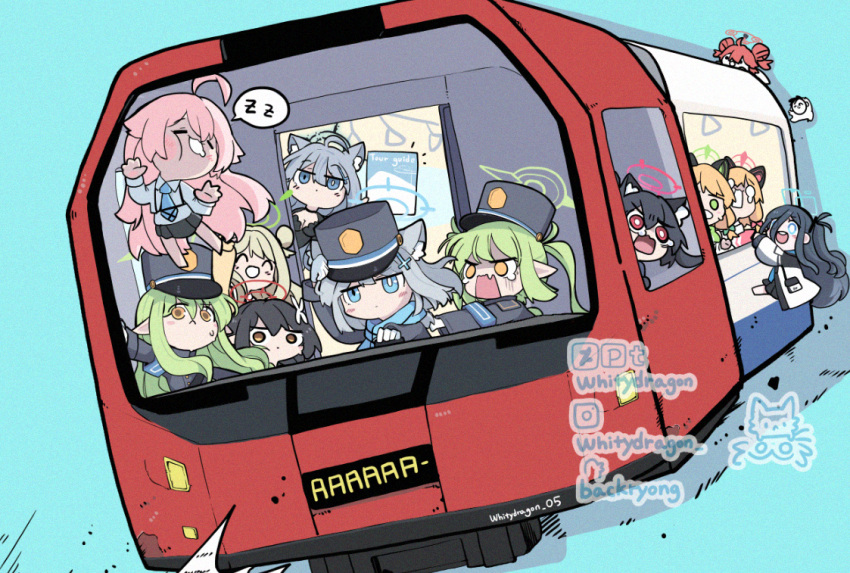 1other, 6+girls, ^_^, aqua_scarf, aris_(blue_archive), artist_name, ayane_(blue_archive), black_hair, blonde_hair, blue_archive, chibi, closed_eyes, commentary_request, doodle_sensei_(blue_archive), driving, fang, foreclosure_task_force_(blue_archive), from_outside, green_hair, grey_hair, halo, hand_grip, hanging, hat, highlander_sidelocks_conductor_(blue_archive), highlander_twintails_conductor_(blue_archive), hoshino_(blue_archive), instagram_username, london_underground, maki_(blue_archive), midori_(blue_archive), momoi_(blue_archive), multiple_girls, nonomi_(blue_archive), peaked_cap, pixiv_username, scarf, sensei_(blue_archive), serika_(blue_archive), shiroko_(blue_archive), shiroko_terror_(blue_archive), siblings, sisters, skin_fang, sleeping, spoken_zzz, sweatdrop, tears, train, turn_pale, twins, twitter_username, whitydragon, zzz
