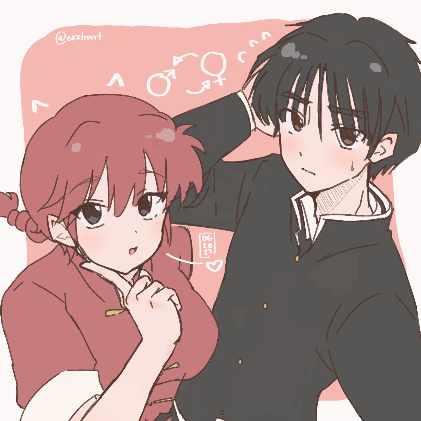 1boy, 1girl, blush, chinese_clothes, closed_mouth, eextrovrt, genderswap, genderswap_(ftm), genderswap_(mtf), hair_between_eyes, heart, highres, looking_at_viewer, open_mouth, ranma-chan, ranma_1/2, redhead, tangzhuang, tendou_akane
