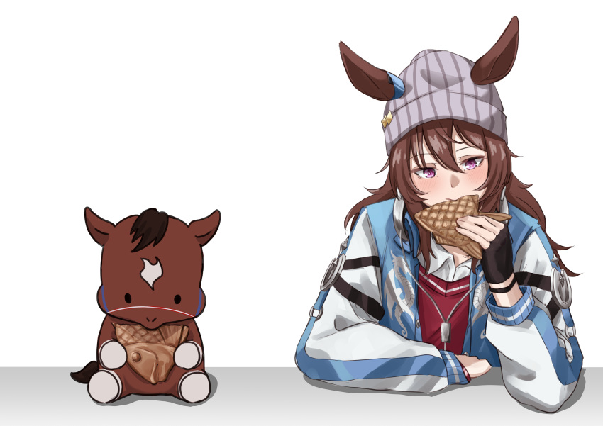 1girl, 1other, absurdres, animal, animal_ears, arm_on_table, beanie, black_footwear