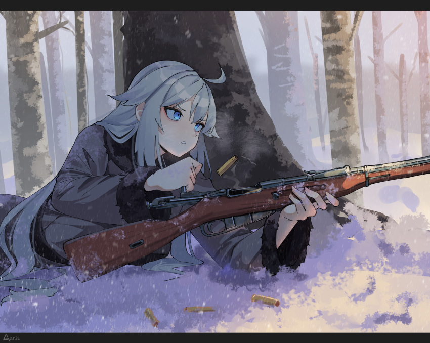 1girl, absurdres, artist_name, bare_tree, black_border, blue_eyes, bolt_action, border, coat, codename:_bakery_girl, forest, fur-trimmed_coat, fur_trim, gar32, girls_frontline, grey_coat, gun, highres, jefuty_(bakery_girl), lying, mosin-nagant, nature, on_stomach, rifle, shell_casing, solo, tree, weapon, white_hair, winter