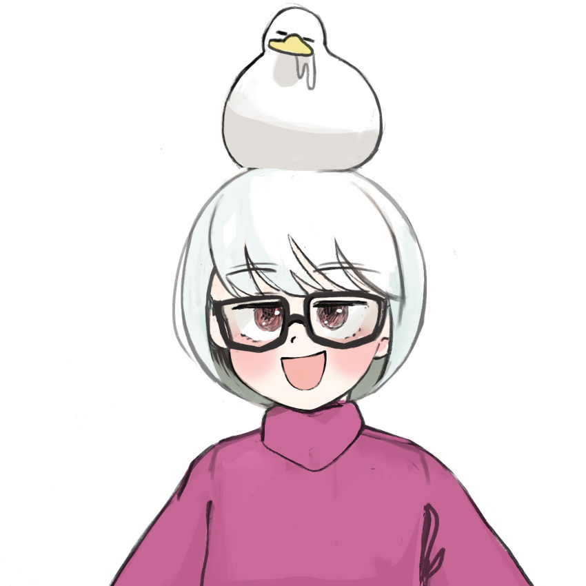 :d, animal_on_head, bird, bird_on_head, blush, borrowed_character, brown_eyes, diva_(hyxpk)