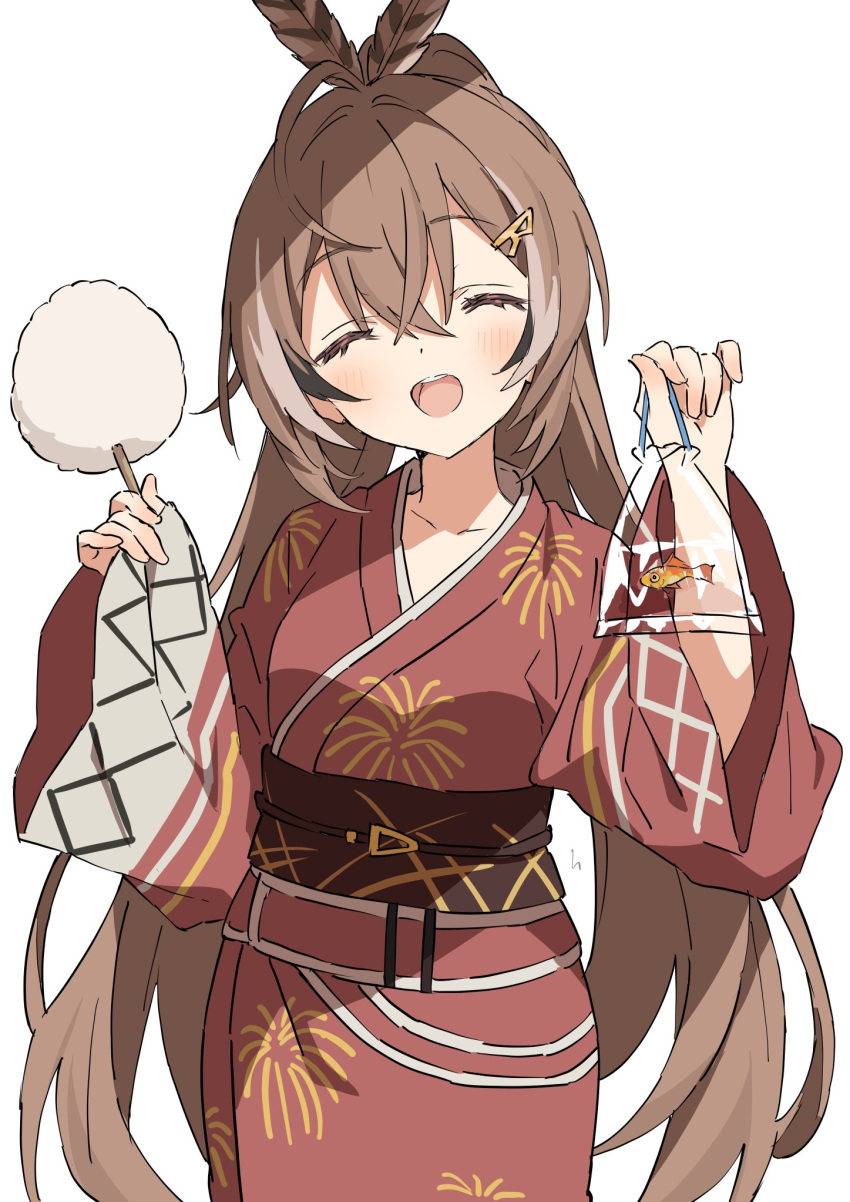 1girl, :d, bag, bagged_fish, brown_hair, brown_kimono, brown_sash, cotton_candy