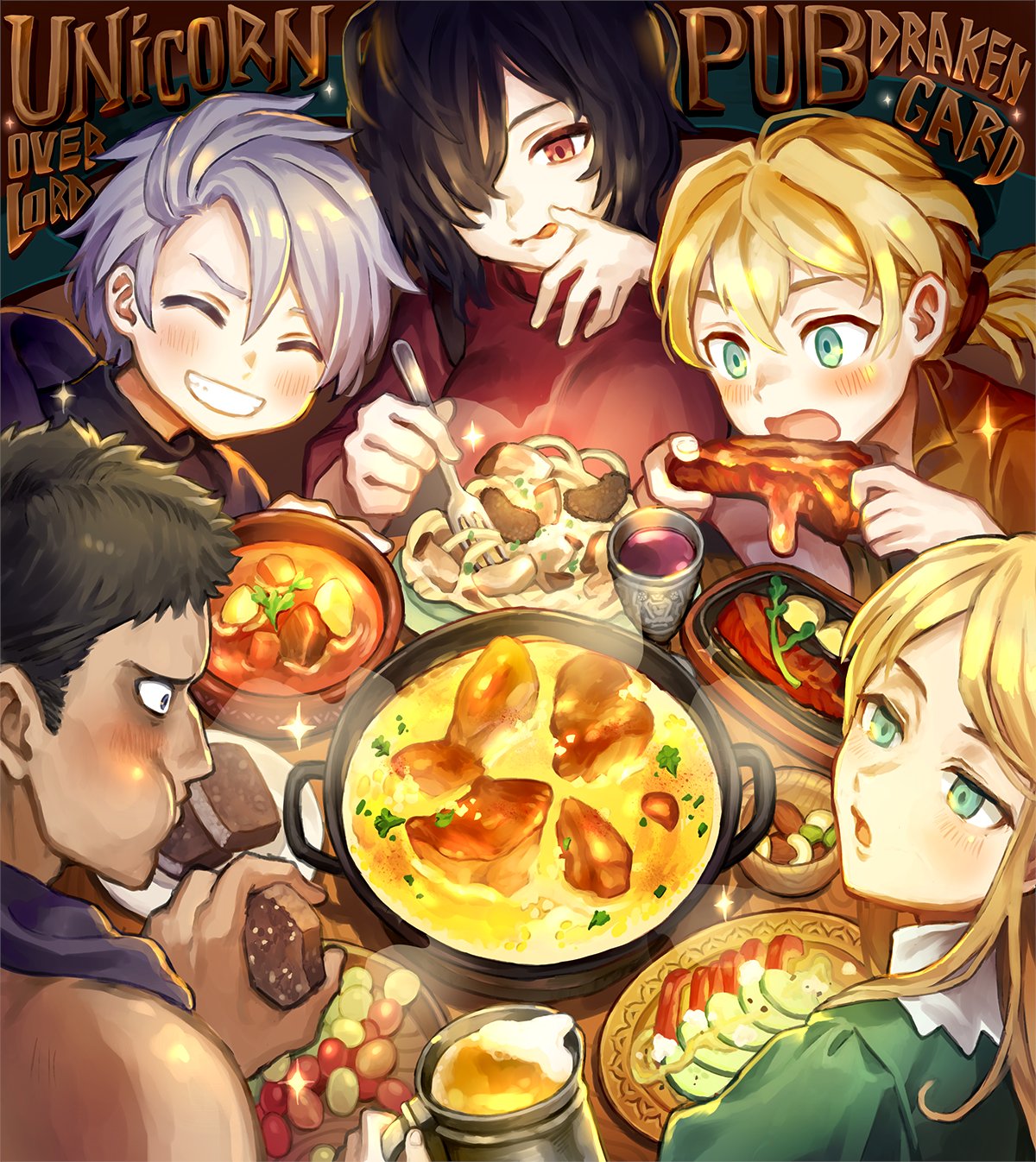 1girl, 4boys, :q, ^_^, aramis_(unicorn_overlord), berengaria_(unicorn_overlord), black_eyes, black_hair
