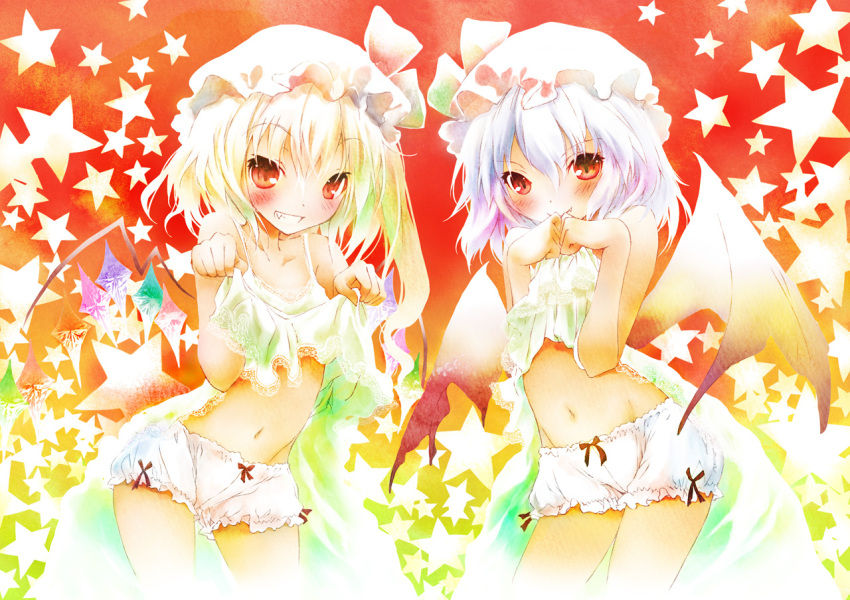 bat_wings, blonde_hair, bloomers, blush, camisole, fang, flandre_scarlet, flat_chest, grin, hat, looking_at_viewer, midriff, mixed_media, mound_of_venus, multiple_girls, naughty_face, navel, purple_hair, red_eyes, remilia_scarlet, saeki_touma, shirt_lift, siblings, sisters, slit_pupils, smile, star, touhou, traditional_media, underwear, underwear_only, watercolor_(medium), wings