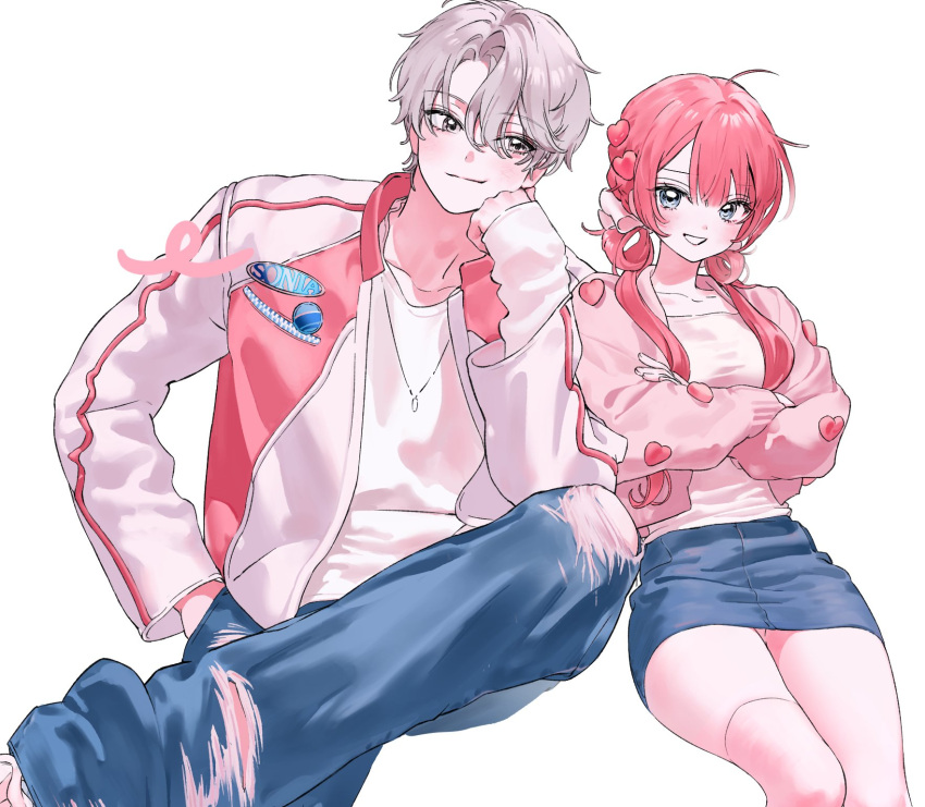 1boy, 1girl, ahoge, blue_skirt, blush, character_request, check_copyright, collarbone, copyright_request, crossed_arms, denim, denim_skirt, grey_hair, hair_ornament, hair_rings, hand_in_own_hair, hand_on_own_cheek, hand_on_own_face, heart, heart_hair_ornament, highres, jacket, jeans, long_hair, looking_at_another, looking_at_viewer, original, pants, parted_bangs, pink_hair, pink_jacket, pink_theme, shirt, short_hair, sil435, single_thighhigh, skirt, smile, thigh-highs, torn_clothes, torn_jeans, torn_pants, white_background, white_shirt, white_thighhighs