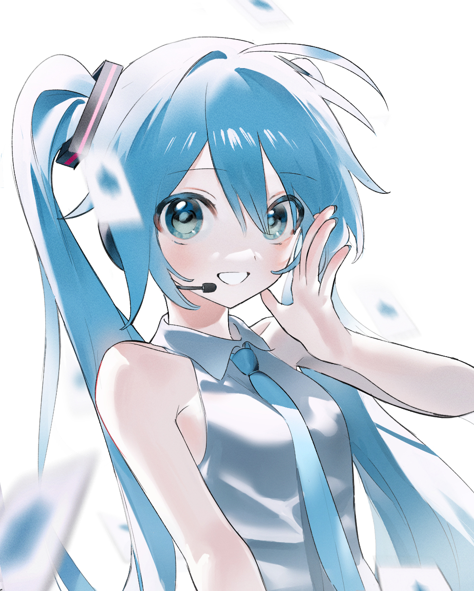 1girl, ahoge, aqua_necktie, armpit_crease, bare_shoulders, blue_eyes, blue_hair, blue_nails