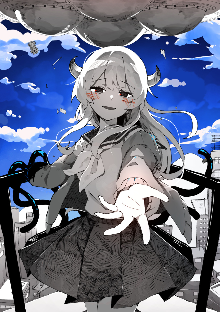 1girl, ankaketomato, beckoning, blue_sky, blush, building, car, cardigan, cevio, cityscape, cowboy_shot, floating, floating_hair, floating_object, greyscale_with_colored_background, half-closed_eyes, hand_on_railing, highres, horns, isei_ni_ikou_ne_(cevio), long_hair, long_sleeves, looking_at_viewer, motor_vehicle, neckerchief, on_rooftop, open_cardigan, open_clothes, open_mouth, outdoors, outstretched_hand, pleated_skirt, red_eyes, sad_smile, school_uniform, serafuku, skirt, sky, solo, spot_color, standing, tentacle_arm, ufo