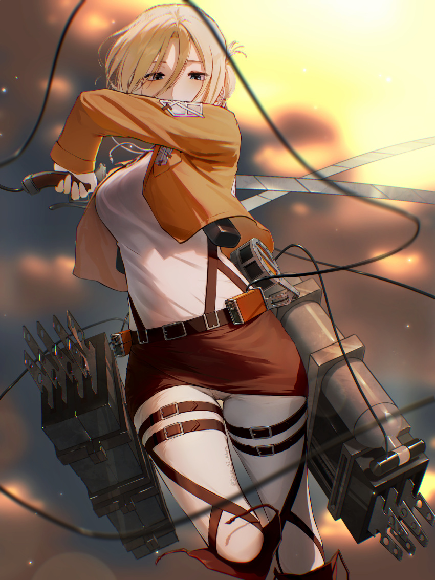 1girl, absurdres, annie_leonhart, belt, belt_buckle, blue_eyes, breasts, brown_belt, brown_jacket, brown_skirt, buckle, commentary_request, dual_wielding, highres, holding, holding_weapon, jacket, long_sleeves, looking_at_viewer, medium_breasts, open_clothes, open_jacket, pants, paradis_military_uniform, sayo_nara_drawing, shingeki_no_kyojin, short_hair, skirt, solo, thighs, three-dimensional_maneuver_gear, uniform, weapon, white_pants