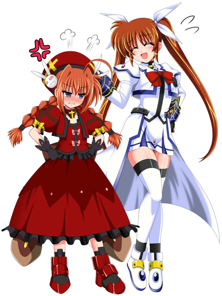 2girls, ahoge, anger_vein, beret, black_gloves, blouse, blue_eyes, blush