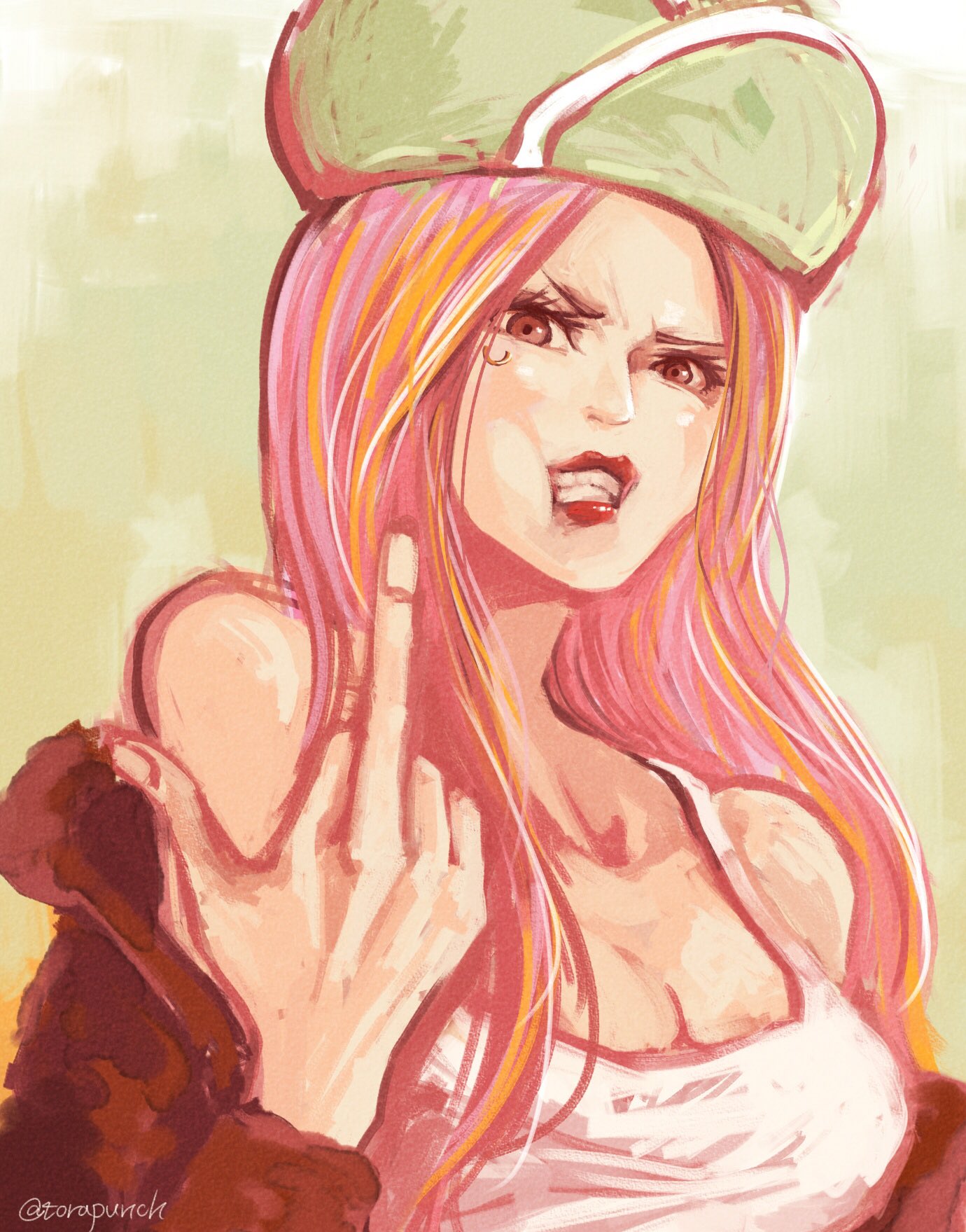 1girl, anti-eyebrow_piercing, artist_name, bare_shoulders, brown_eyes, clenched_teeth, commentary, english_commentary