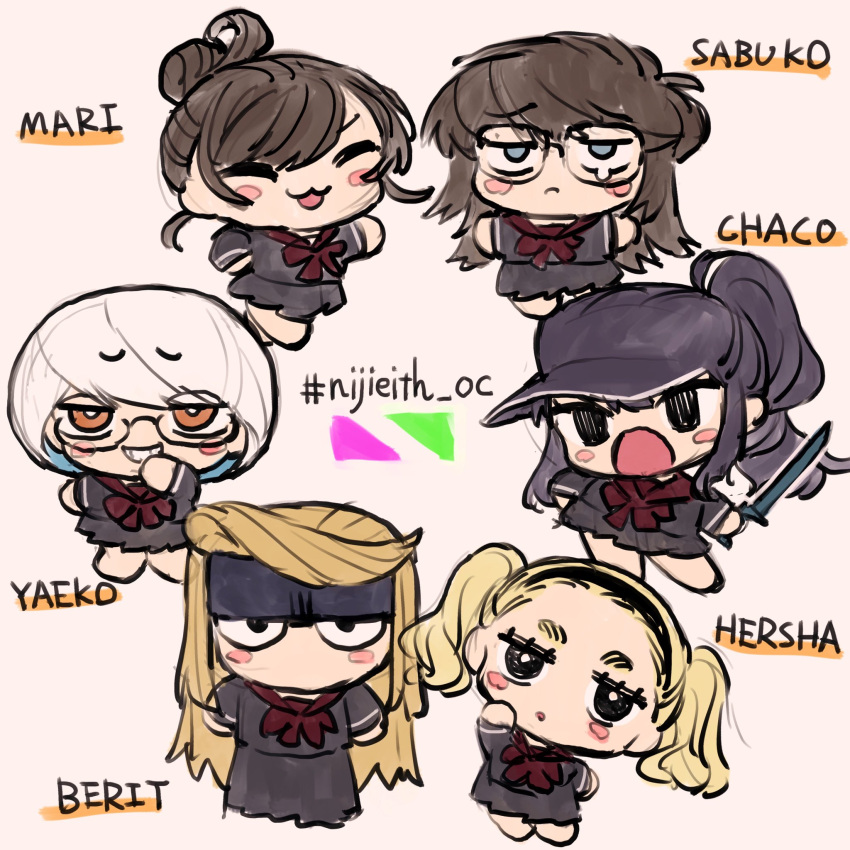 6+girls, berit_(eisu), black_hair, blonde_hair, blush_stickers, chibi, chibi_only, eisu-chan_(eisu)