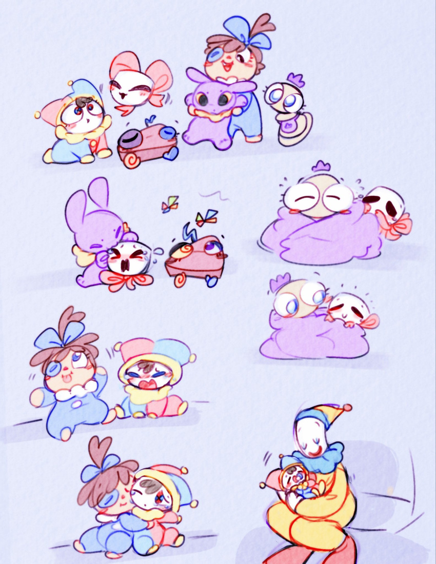 >_<, 1other, 2boys, 3girls, :3, aged_down, alternate_universe, baby_carry, bib, black_eyes, blue_bow, blue_collar, blue_eyes, blue_ribbon, blue_romper, blush_stickers, bow, carrying, chess_piece, closed_eyes, clown, collar, colored_sclera, colored_skin, comforting, crying, eyelashes, frilled_collar, frills, gangle_(the_amazing_digital_circus), hair_bow, highres, holding_baby, hug, jax_(the_amazing_digital_circus), jumpsuit, kaufmo_(the_amazing_digital_circus), kinger_(the_amazing_digital_circus), mask, multiple_boys, multiple_girls, oversized_footwear, pawn_(chess), pointy_hat, pom_pom_(clothes), pomni_(the_amazing_digital_circus), popzotz, ragatha_(the_amazing_digital_circus), red_bow, red_footwear, red_ribbon, red_romper, ribbon, romper, sitting, sleeping, smile, swaddled, the_amazing_digital_circus, tongue, tongue_out, topknot, triangle_nose, two-tone_romper, under_covers, white_skin, yellow_collar, yellow_jumpsuit, yellow_sclera, zooble_(the_amazing_digital_circus)