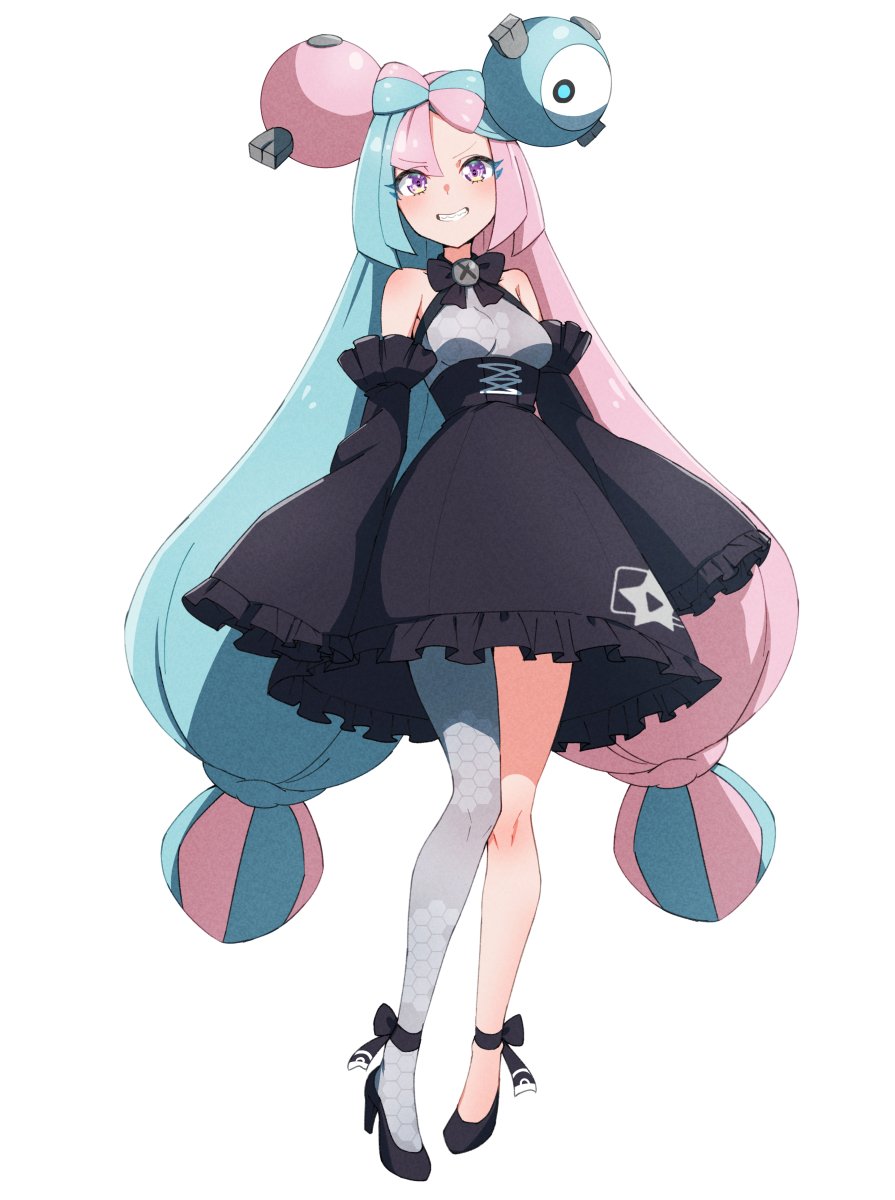 1girl, alternate_costume, bare_shoulders, black_dress, black_footwear, blue_hair, bow-shaped_hair, character_hair_ornament
