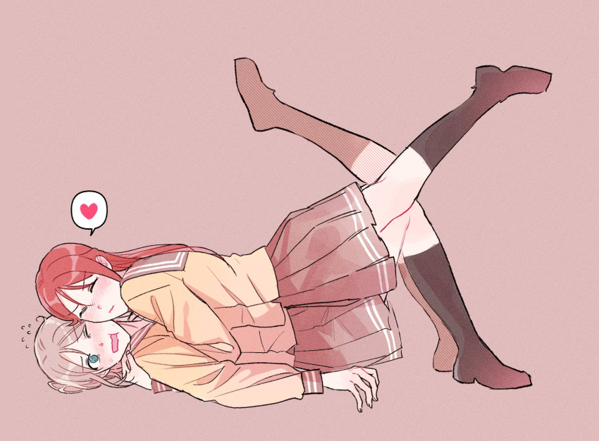 2girls, @_@, black_socks, blue_eyes, blush, brown_background, cheek-to-cheek, closed_eyes, commentary, draw_your_fav_ship_like_this_(meme), flying_sweatdrops, full_body, grey_hair, grey_sailor_collar, grey_skirt, heads_together, highres, hug, kneehighs, legs_up, long_sleeves, love_live!, love_live!_sunshine!!, lying, medium_hair, meme, multiple_girls, mumuir0315, on_back, one_eye_closed, open_mouth, pleated_skirt, redhead, sailor_collar, sakurauchi_riko, shirt, simple_background, skirt, socks, symbol-only_commentary, watanabe_you, yellow_shirt, yuri