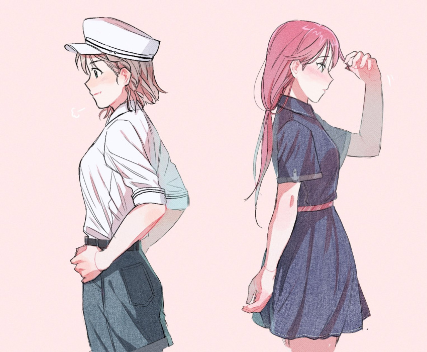 2girls, black_dress, black_shorts, blue_eyes, blush, closed_mouth, commentary_request, cowboy_shot