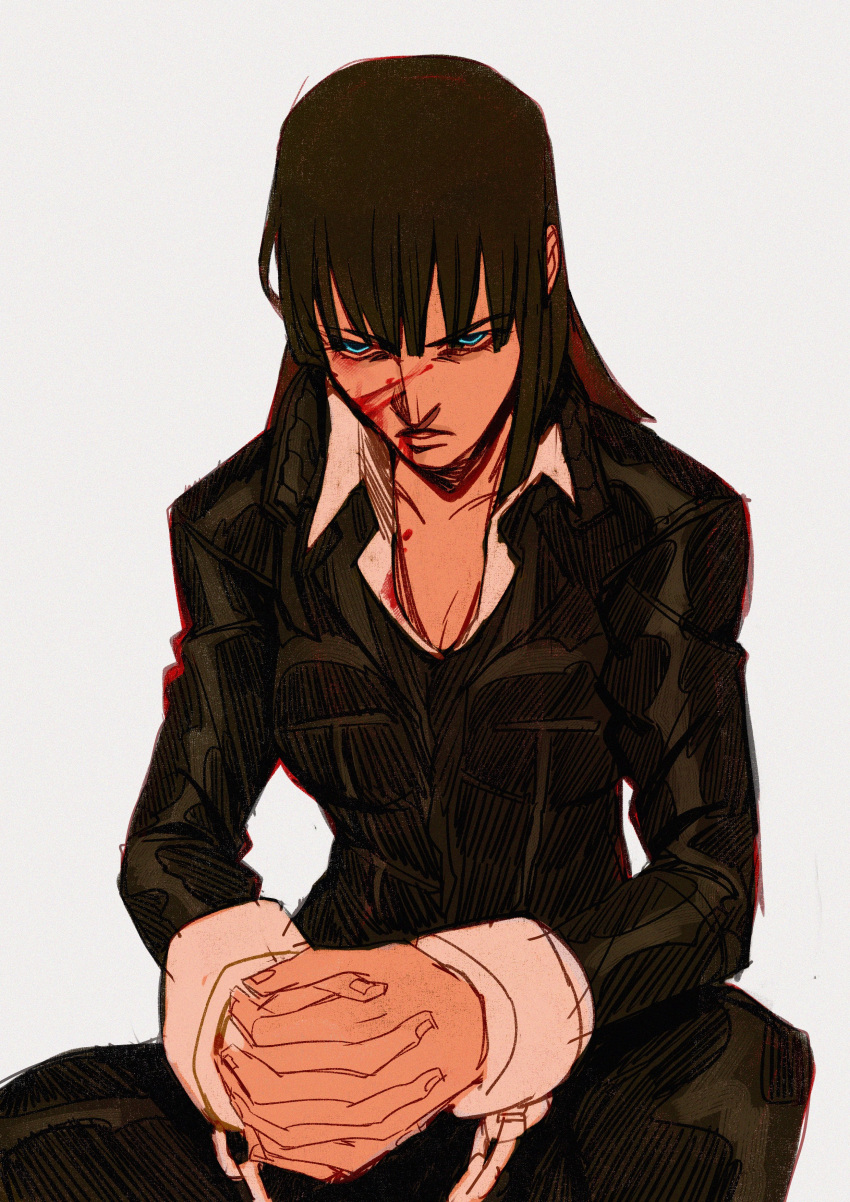1girl, absurdres, black_hair, blood, blood_on_face, blue_eyes, blunt_bangs, commentary
