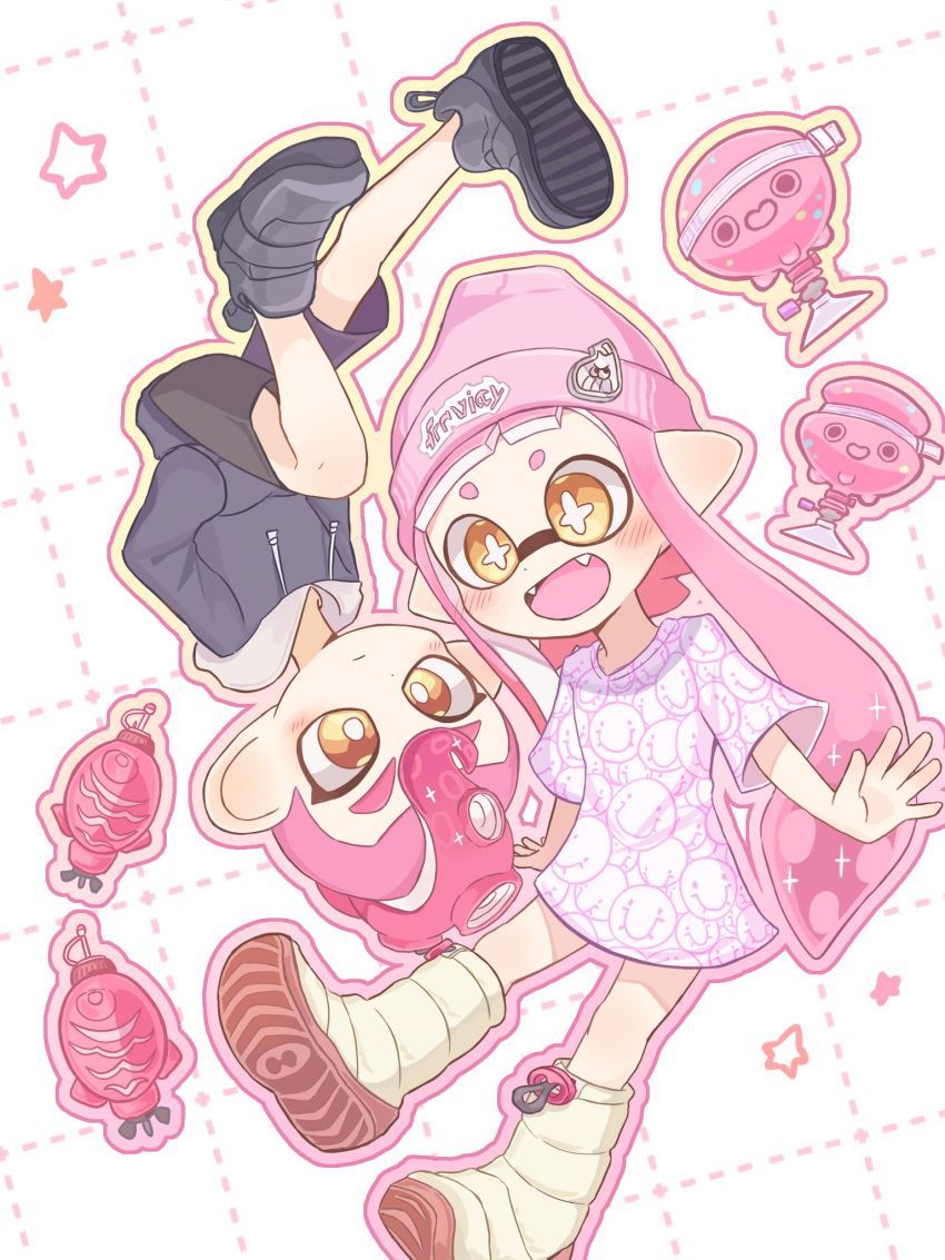 1boy, 1girl, beanie, black_footwear, boots, bright_pupils, commentary_request, fangs
