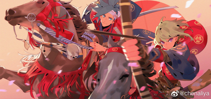 2boys, arrow_(projectile), asymmetrical_hair, blonde_hair, blue_eyes, blue_hair, bow_(weapon), chenalii