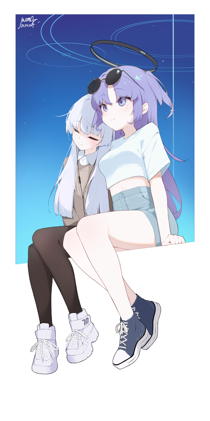 2girls, absurdres, alternate_costume, blue_archive, casual, closed_eyes, halo, highres, long_hair, mona_kkkk, multiple_girls, noa_(blue_archive), purple_hair, violet_eyes, white_background, white_hair, yuuka_(blue_archive)