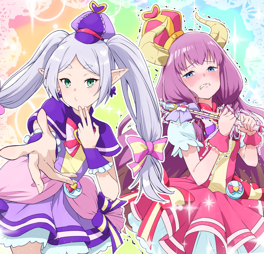 2girls, absurdres, alternate_costume, aura_(sousou_no_frieren), aura_bullying_(meme), blue_eyes, blush, bow