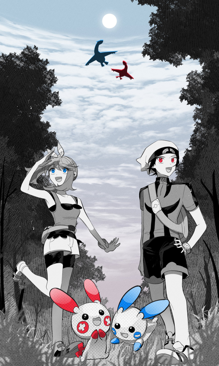 1boy, 1girl, :d, absurdres, bare_shoulders, blue_eyes, bow, brendan_(pokemon)