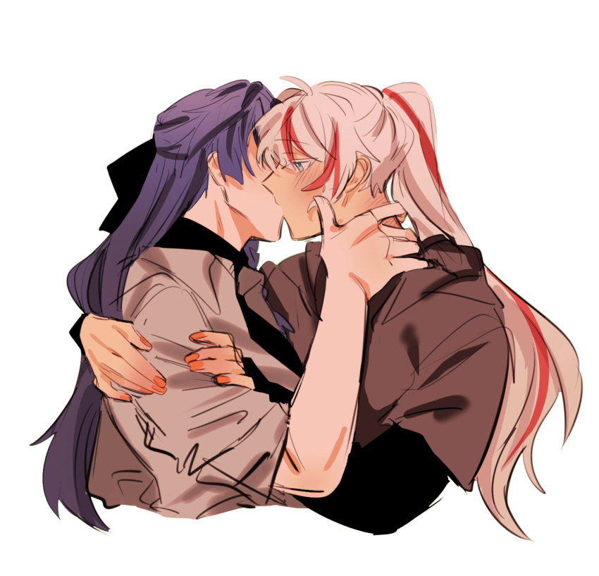 2girls, black_ribbon, black_shirt, blue_eyes, blush, brown_jacket, commentary, grey_shirt, hair_ribbon, hand_on_another's_arm, hand_on_another's_neck, highres, honkai_(series), honkai_impact_3rd, jacket, kiana_kaslana, kiss, layered_sleeves, long_hair, long_sleeves, multicolored_hair, multiple_girls, orange_nails, ponytail, purple_hair, raiden_mei, redhead, ribbon, salt66666, shirt, short_over_long_sleeves, short_sleeves, simple_background, streaked_hair, upper_body, white_background, white_hair, yuri