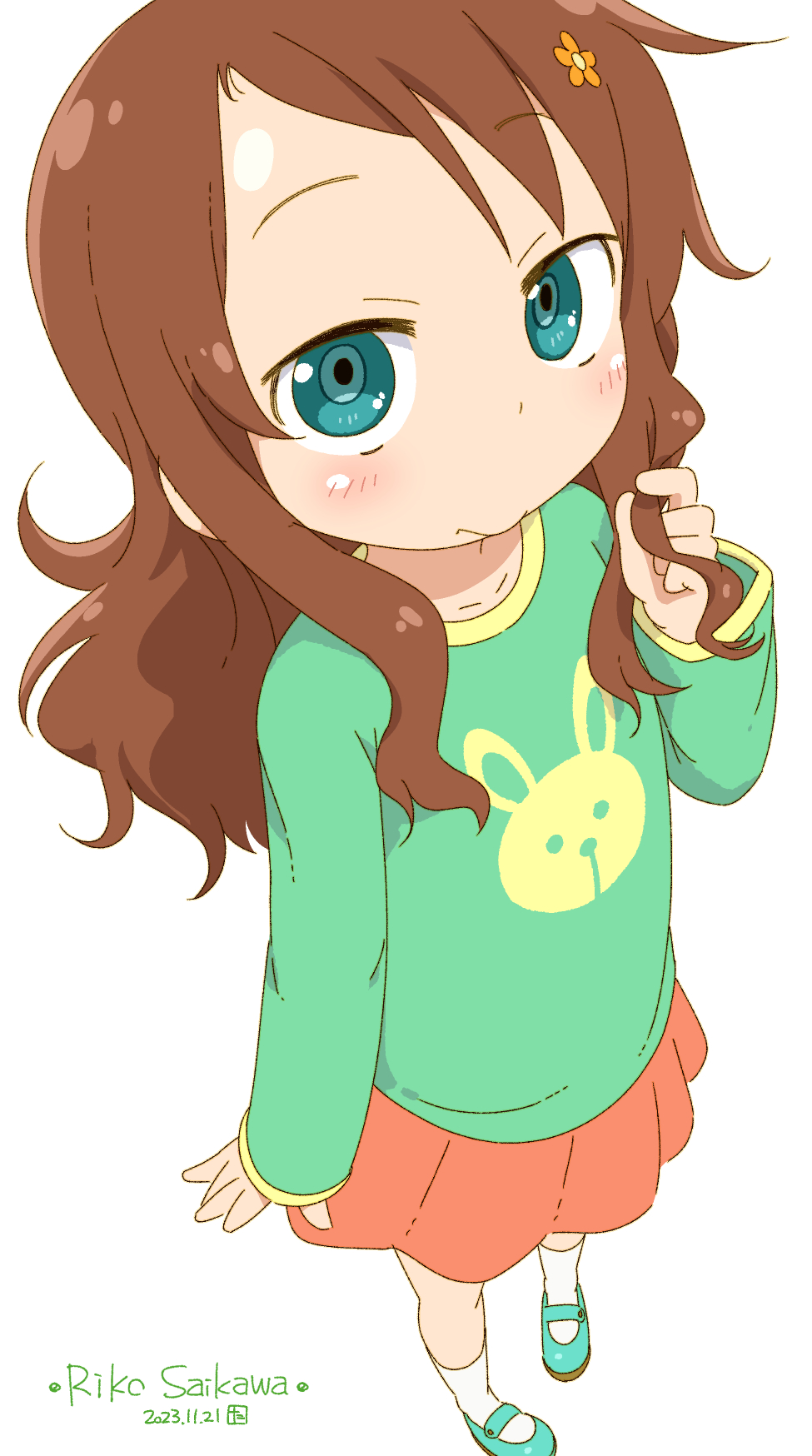 1girl, brown_hair, character_name, closed_mouth, commentary_request, dated, flower, full_body