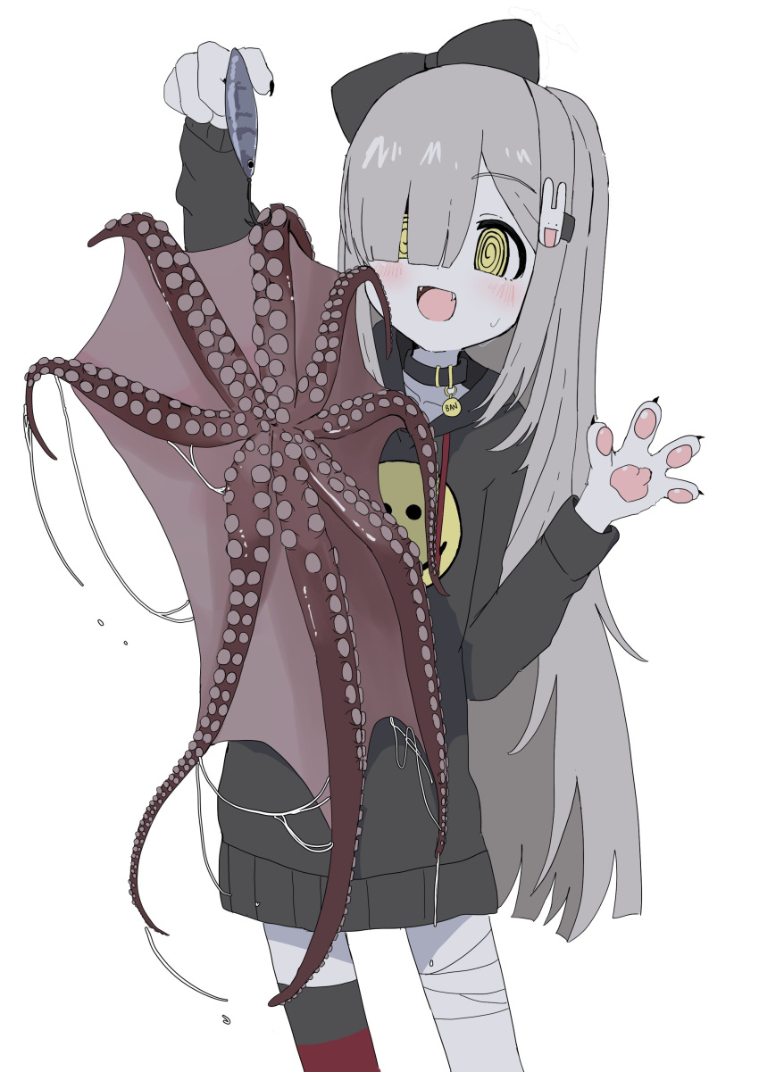 1girl, :d, @_@, absurdres, animal_hands, blunt_bangs, choker, collar