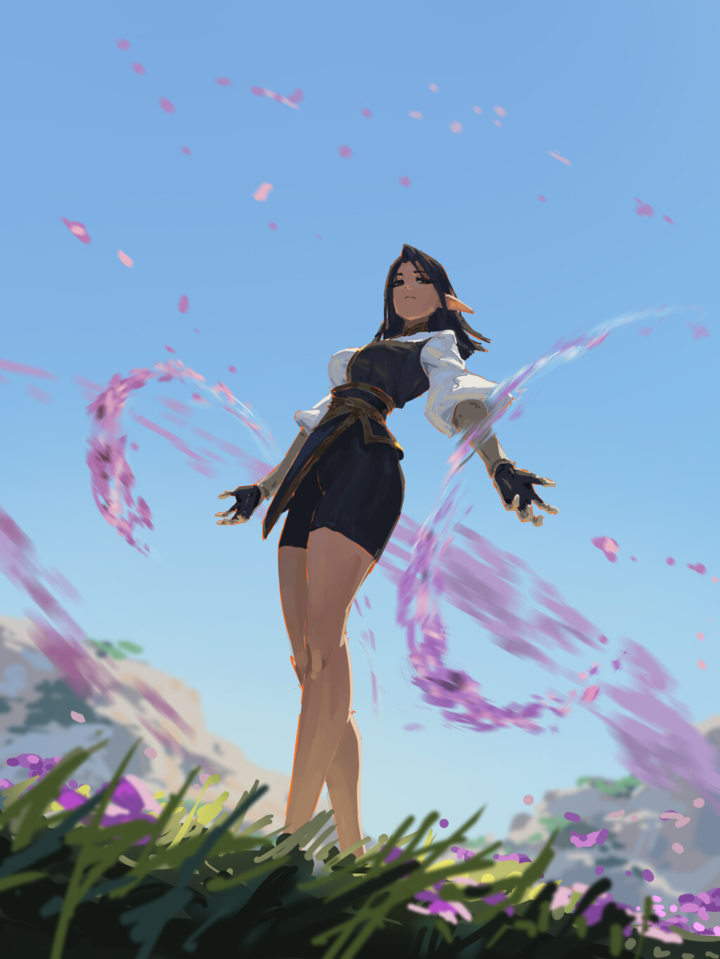 1girl, black_shorts, breasts, closed_mouth, day, from_below, full_body, grass
