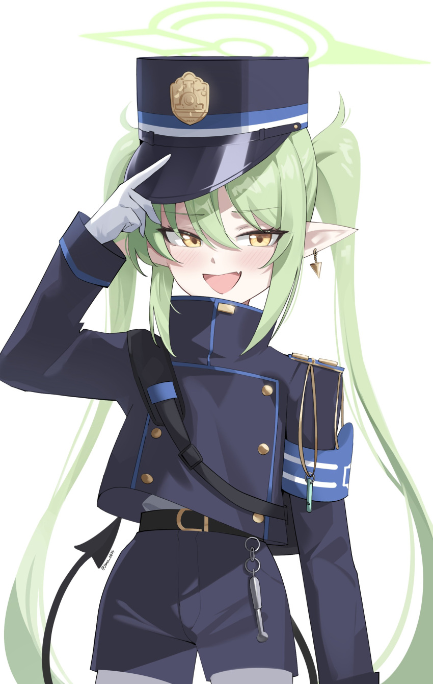 1girl, :d, absurdres, arm_at_side, arm_up, armband, belt, belt_buckle