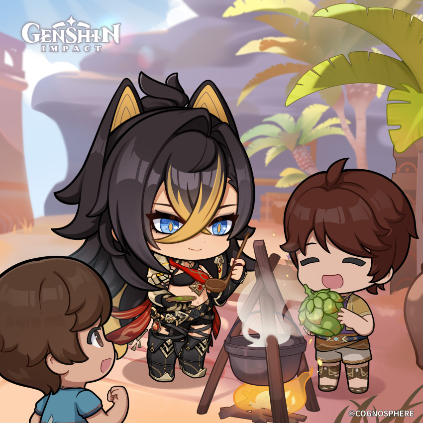1girl, 2boys, absurdres, ahoge, ajilenakh_nut_(genshin_impact), black_gloves, black_hair, black_pants