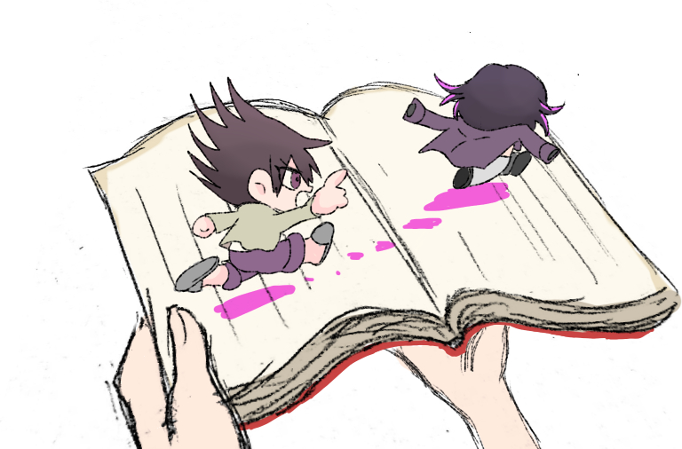 2boys, black_footwear, blood, blood_stain, book, chasing, chibi, coat