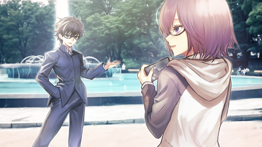 1boy, 1girl, black_eyes, blue_pants, blue_skirt, cellphone, commission, dynamitenatalia
