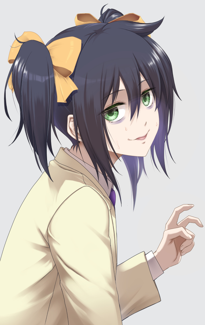 1girl, alternate_hairstyle, aoki_kanji, bags_under_eyes, bent_v, black_hair, blazer, bow