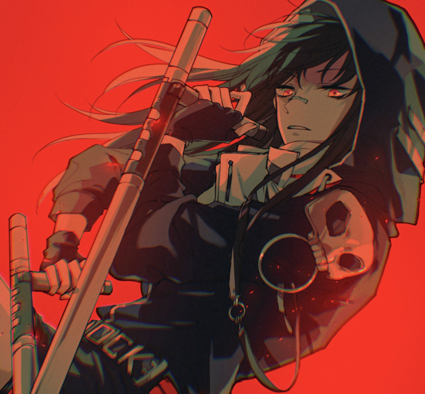 1girl, bandaid, bandaid_on_face, bandaid_on_nose, black_gloves, black_hair, black_hoodie, chinese_commentary