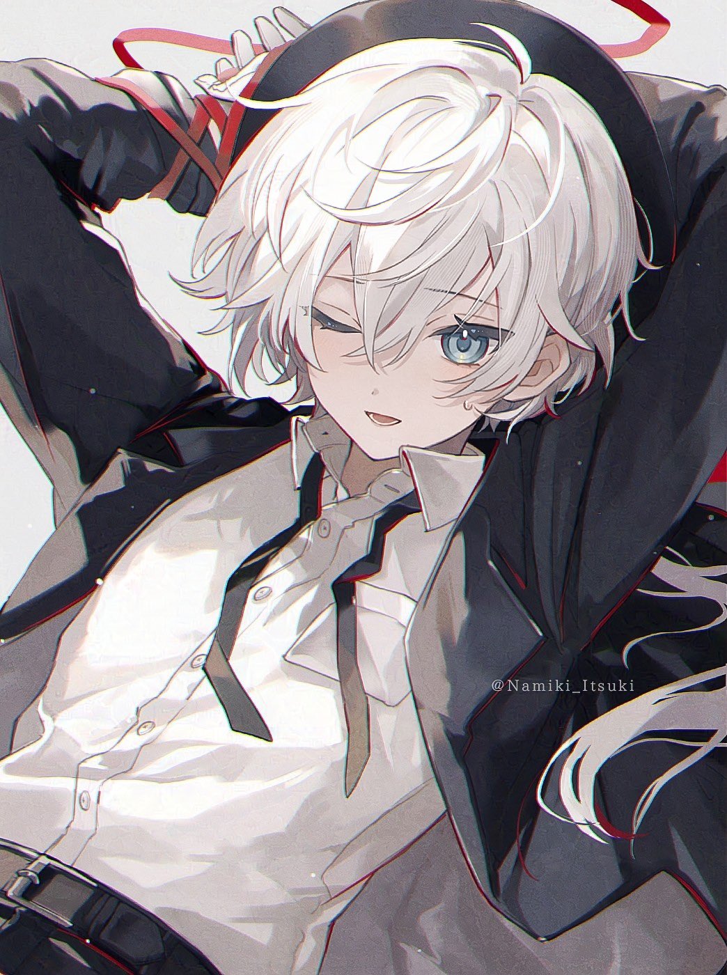 1boy, :d, ahoge, arms_behind_head, belt, beret, black_belt, black_hat